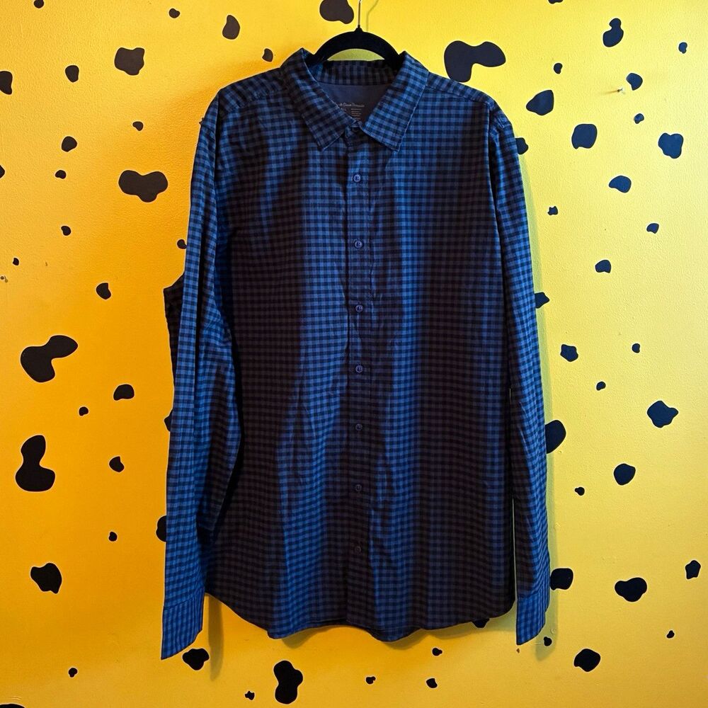 Fresh Clean Threads Mens XL Tall Black Navy Gingham Long Sleeve Button Up